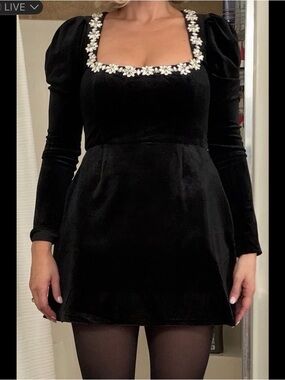 Lulu's Black Velvet Mini Dress with Diamond Floral Square Neckline